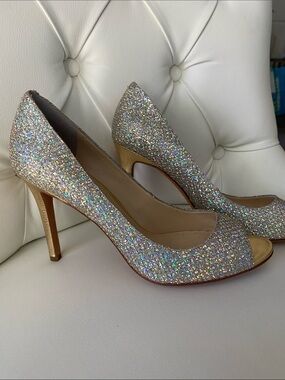 😍Enzo Gold/Silver Merryann Peeptoe Heel👠- 8.5